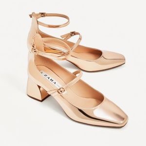 Zara Gold Metallic Strappy Block Heeled Ballerina